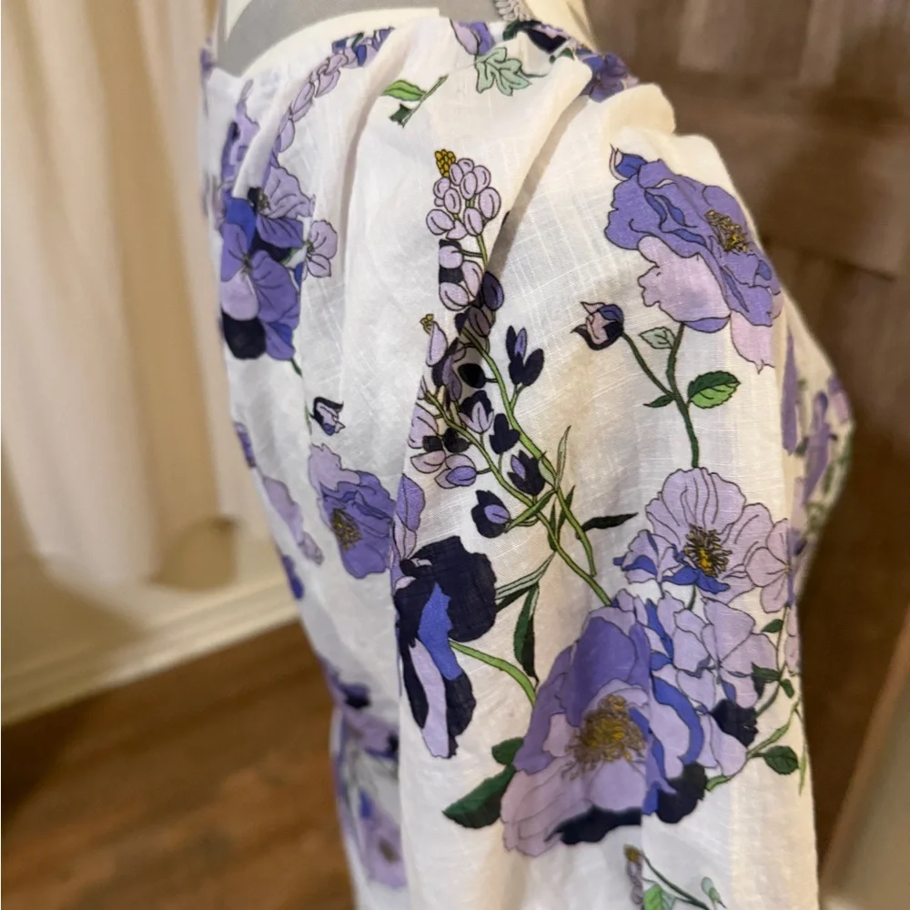 Anthropologie White Purple Floral Sweetheart VNeck Puff Sleeve Blouse Lg petite